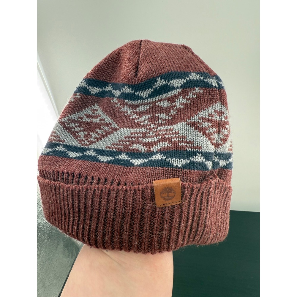 Timberland Knit Beanie Hat Nordic‎ Pattern Cuffed Winter Brown Logo